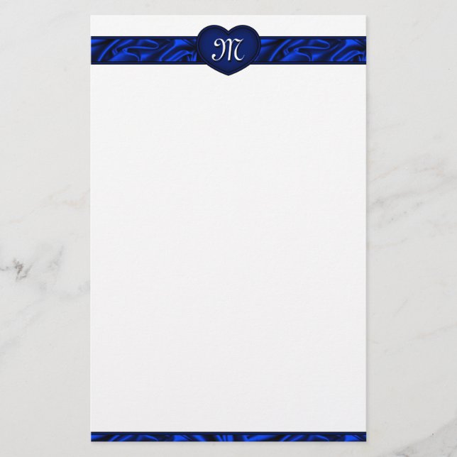 Blå hjärthjärthjärtans dag Monogram Stationery Brevpapper (Framsida)