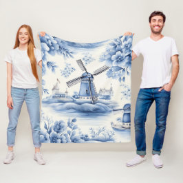 Blå Holländsk Delft Väderkvarn Akvarell  Fleecefilt