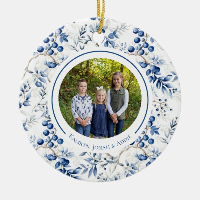 Blå Holly Toile Cirkelsmycke Julgransprydnad Keramik (Framsidan)