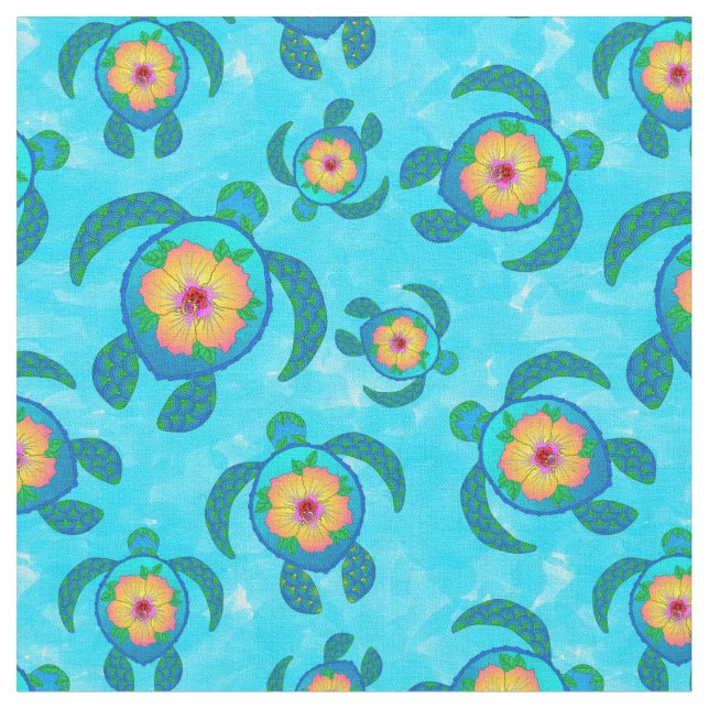 Blå Honu Sea Turtles Hibiscus Flowers Tyg (Närbild)