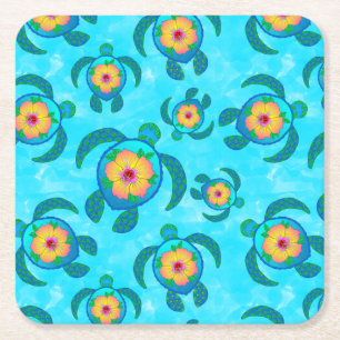 Blå Honu Sea Turtles Hibiscus Flowers Underlägg Papper Kvadrat