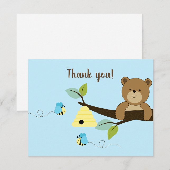 Blå honungsbjörn Humla Bo Flat Tackkort Inbjudningar (Fram/baksida)