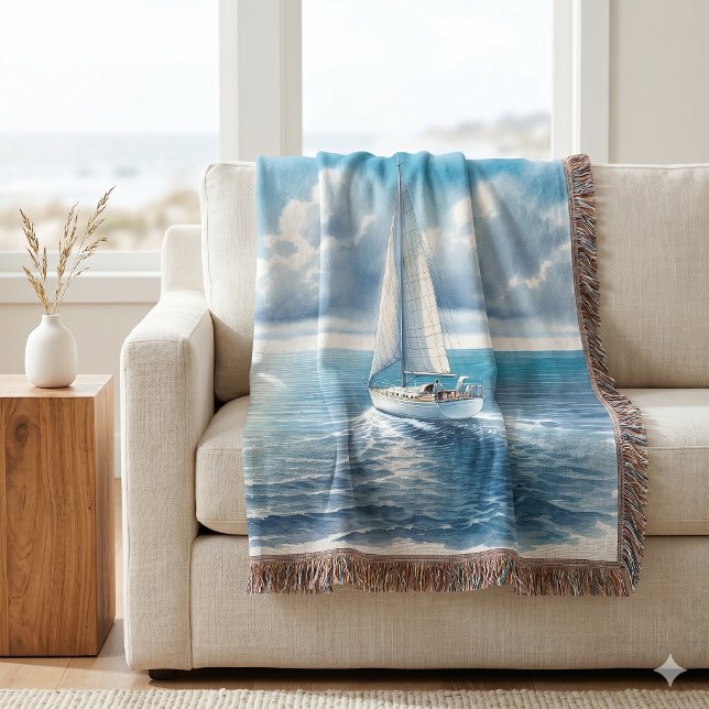 Blå Horisont Ensamseglande Fritidsbåt Filt (Blue Horizon Solitary Sailboat Throw Blanket)