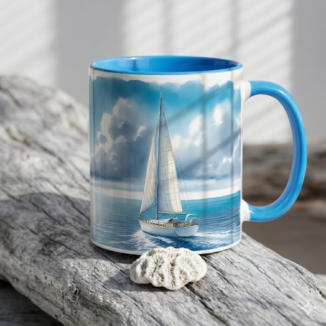 Blå Horisont Ensamseglande Fritidsbåt Mugg (Blue Horizon Solitary Sailboat Mug B)