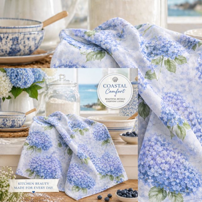 Blå Hortensia Akvarell Kust Köksduk Kökshandduk (Soft blue hydrangea tea towel brings elegant coastal charm to everyday baking and gifting.)