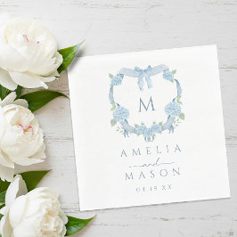 Blå Hortensia Akvarell Monogram Vapen Bröllop Pappersservett