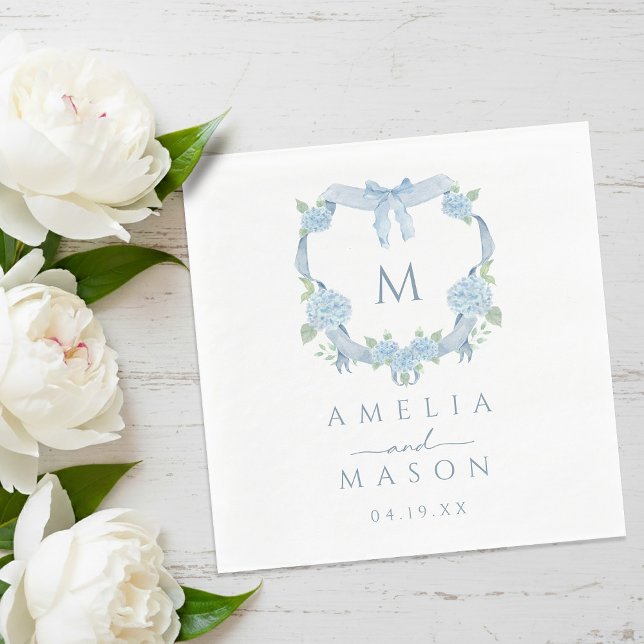 Blå Hortensia Akvarell Monogram Vapen Bröllop Pappersservett (Blue Hydrangea Watercolor Monogram Crest Wedding Napkins)