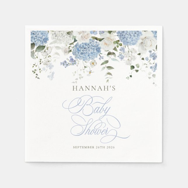 Blå Hortensia Baby Shower Servetter (Framsidan)