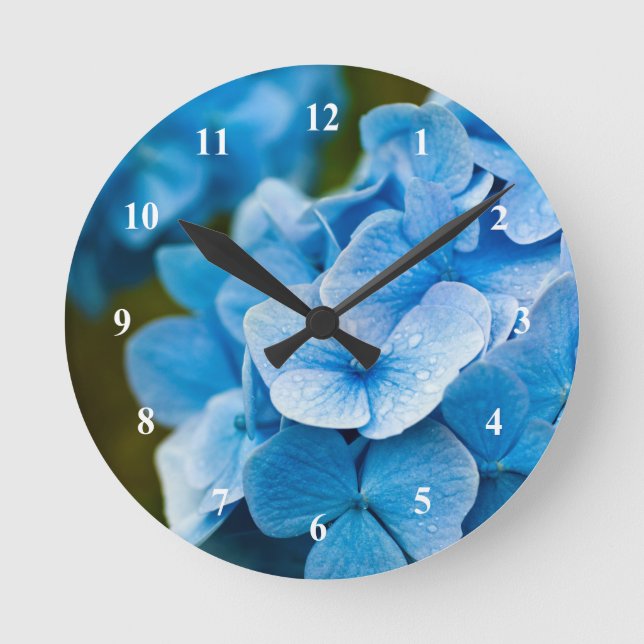 Blå Hortensia-blomma Akrylväggur Rund Klocka (Framsida)