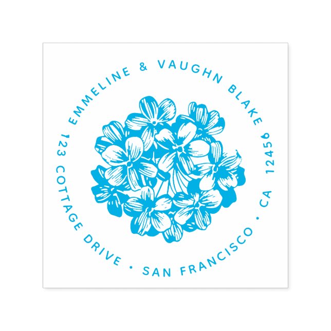 Blå Hortensia Blommande Returadress Botanisk Självfärgande Stämpel (Design)