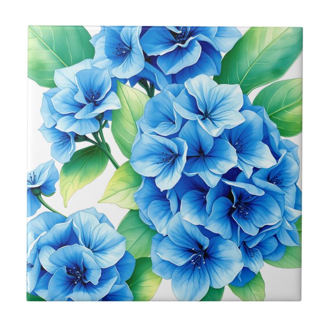 Blå Hortensia Blommar Blommönster Kakelplatta (Framsidan)