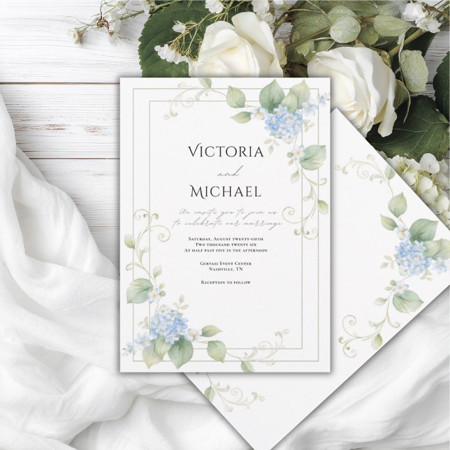 Blå Hortensia Blommig Elegant Bröllop Inbjudningar (Skapare uppladdad)