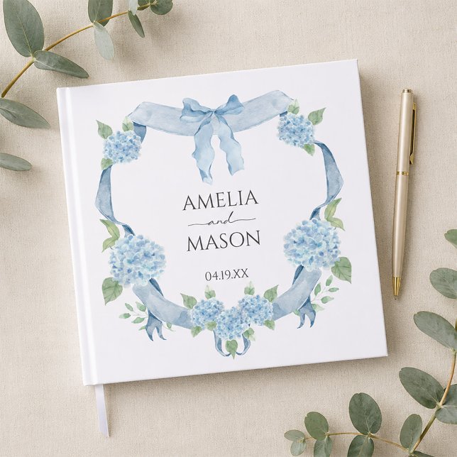 Blå Hortensia Blommig Krans Vattenfärg Bröllop Gästböcker (Blue Hydrangea Floral Crest Watercolor Wedding Guest Book)