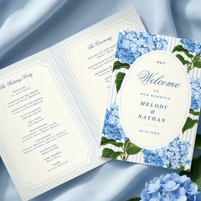 Blå Hortensia Blommor Bröllop Vikt Papper Program (blue hydrangea folded wedding paper program)