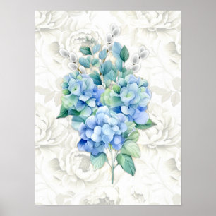 Blå Hortensia Botanisk Elfenbensblommig Bakgrund Poster