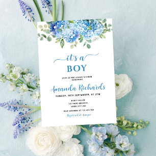 Blå Hortensia Det är en Pojke Baby Shower Inbjudningar