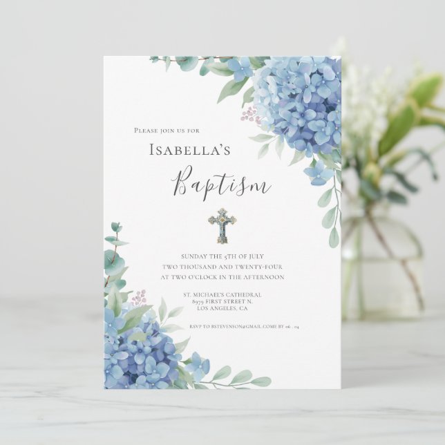 Blå Hortensia Dop Religiös  Inbjudningar (Stående Fram)