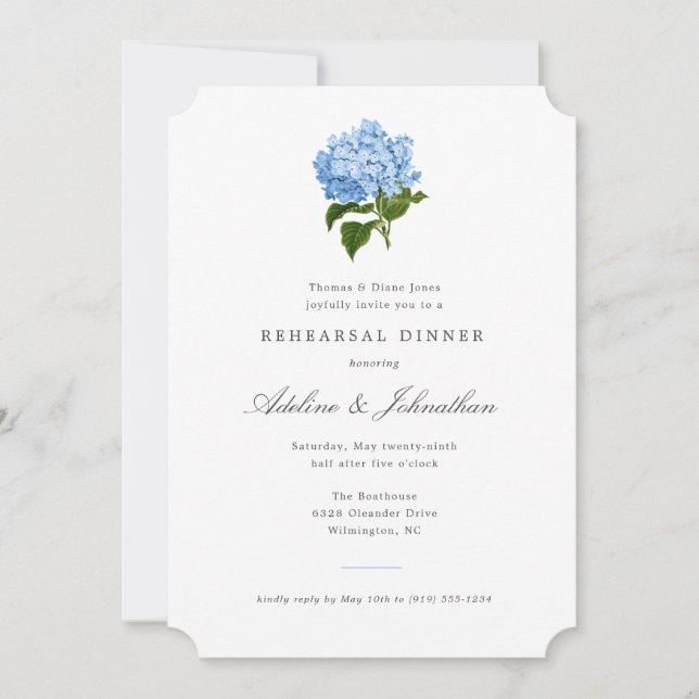 Blå Hortensia Elegant Övningsmiddag Inbjudningar (Framsida)
