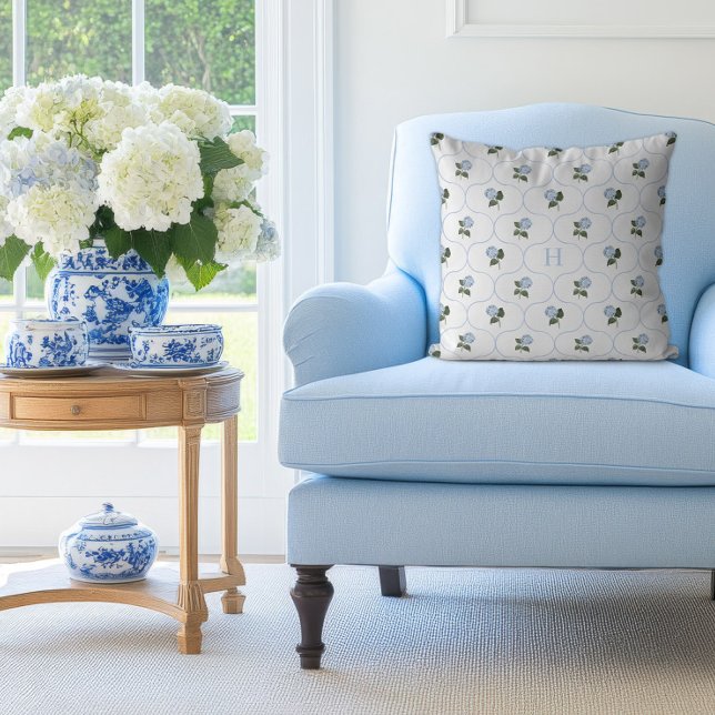 Blå Hortensia Espalier Monogram   Kudde (Hydrangea Blue Trellis Pillow)