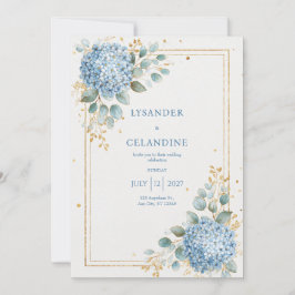 Blå Hortensia Eukalyptus Guld Folie Elegant Inbjudningar