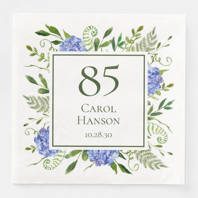 Blå Hortensia för 85-årsdag Pappersservett (Framsida)