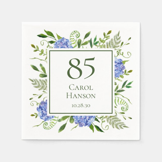 Blå Hortensia för 85-årsdag Pappersservett (Framsidan)