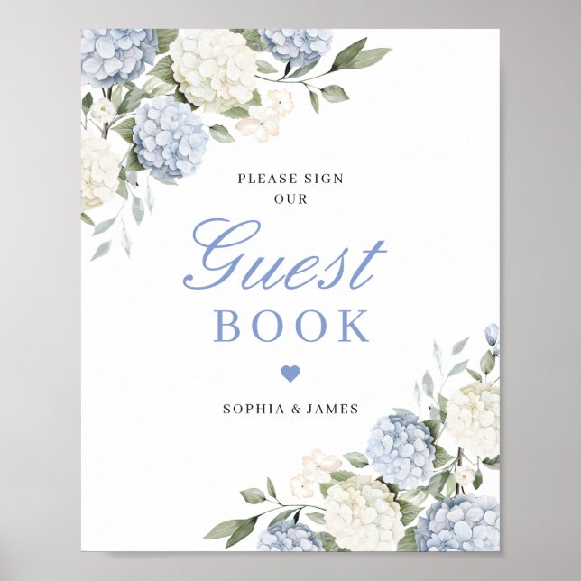 Blå Hortensia Grönska Bröllop Gästbok Poster (Framsidan)