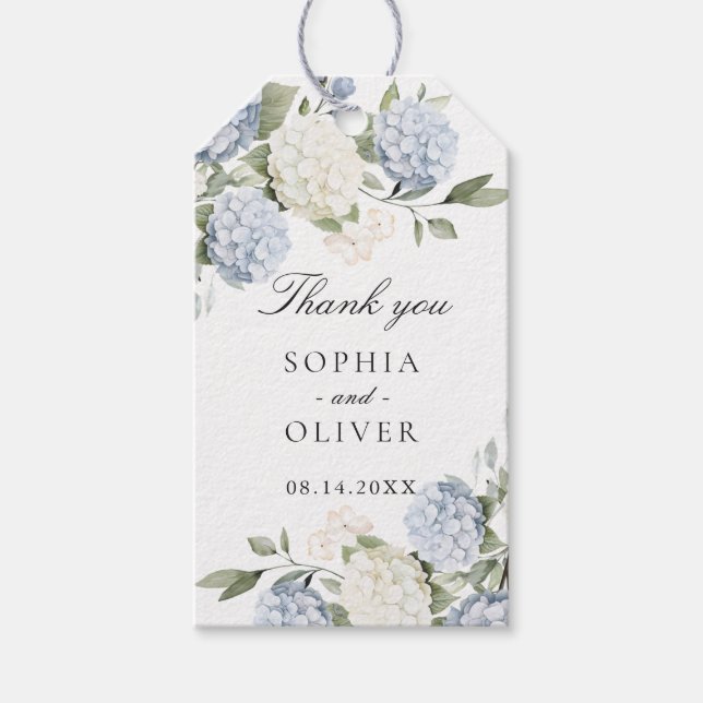 Blå Hortensia Grönska Bröllop Tack Presentetikett (Framsidan)