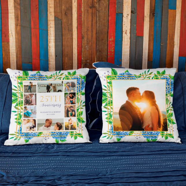 Blå Hortensia Guld 25-årsjubileum Fotokollage Kudde (Skapare uppladdad)