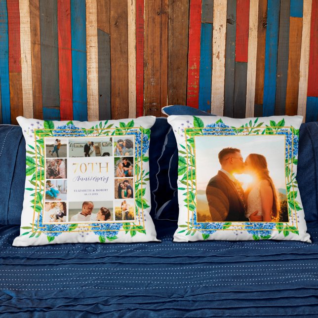 Blå Hortensia Guld 70-årsfirande Fotokollage Kudde (Skapare uppladdad)