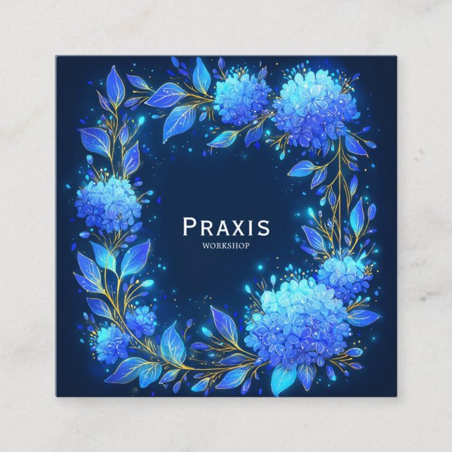 Blå Hortensia Guld Krans Midnatt Blommor Fyrkantigt Visitkort (Framsida)