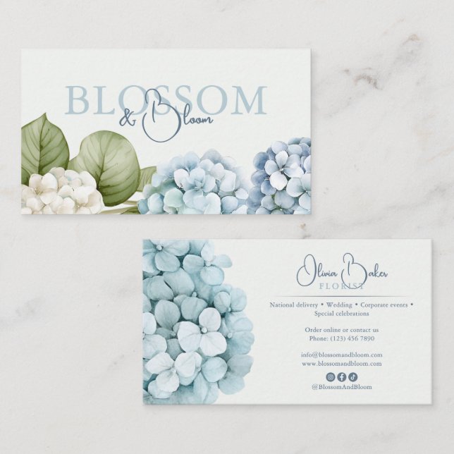 Blå Hortensia Handskriven Skript Blommig  Visitkort (Fram/baksida)
