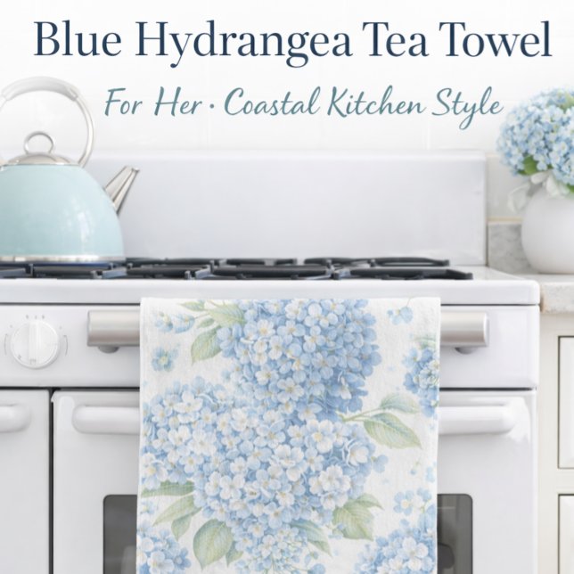 Blå Hortensia Kökshandduk Kuststugans Present (Elegant blue hydrangea tea towel for coastal kitchens and thoughtful gifting)