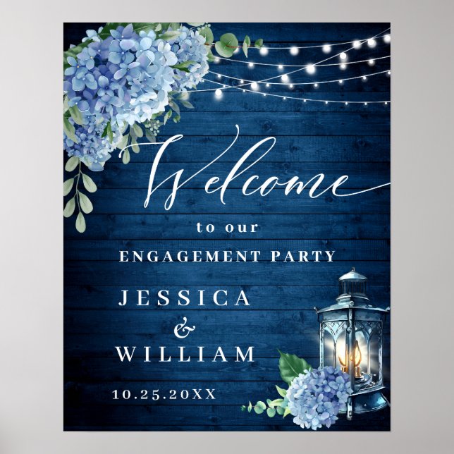 Blå Hortensia Lykta Trä Boho BRÖLLOPS FÖRHANDLNING Poster (Framsidan)