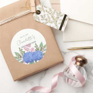 Blå Hortensia Modern Blommig Bröllopsdusch Runt Klistermärke