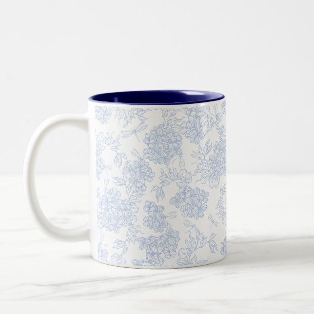 Blå Hortensia och Trollslända Mönster Två-Tonad Mugg (Vänster)