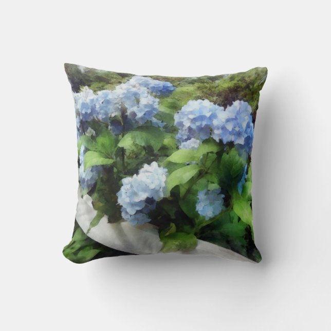 Blå Hortensia på Vit Staket Kudde (Framsida)