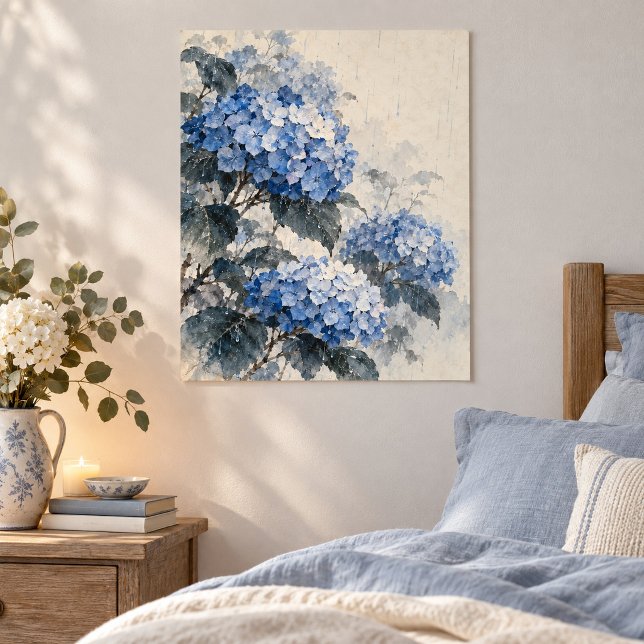 Blå Hortensia Regn Konsttryck Poster (Unframed paper art print. All texture effects are printed. Room styling props are not included.)