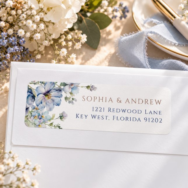 Blå Hortensia & Rosor Returadressetikett Returadress Etikett (Blue hydrangea floral wedding address label, personalized with names and address)