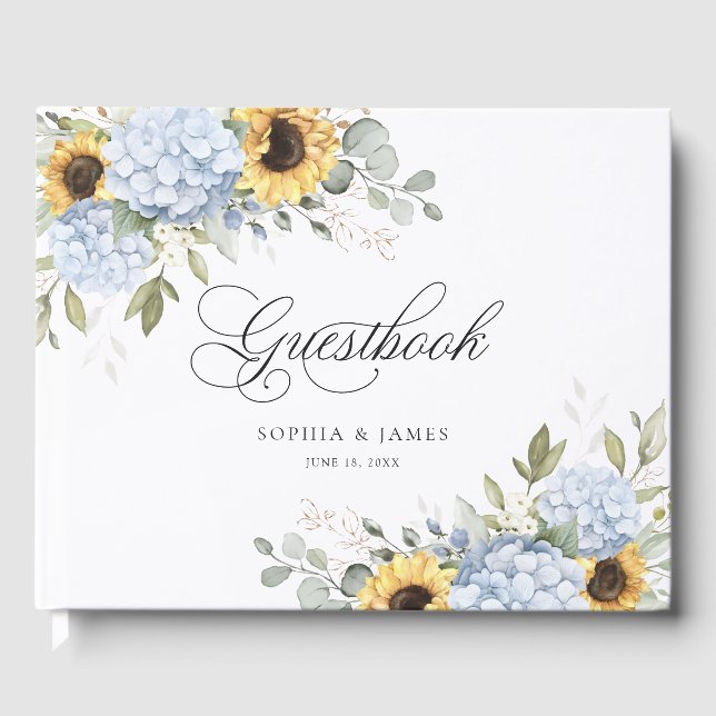 Blå Hortensia Solrosar Grönska Bröllop Gästböcker (Framsida)