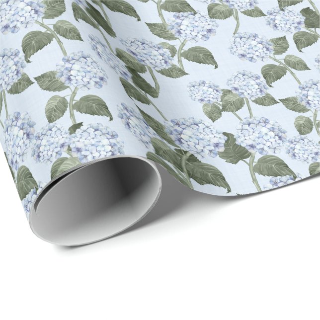 Blå Hortensia Sommar Trädgård Linne Textur Presentpapper (Rullad Hörn)
