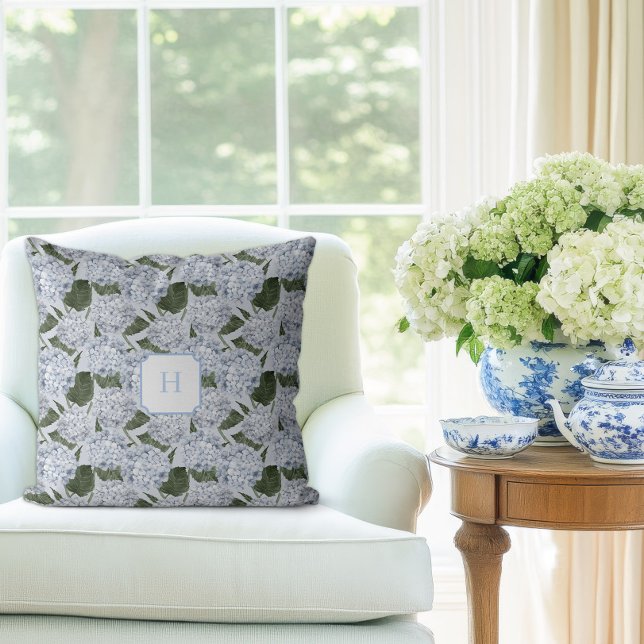Blå Hortensia Trädgårdsmonogram   Kudde (Hydrangea Garden Monogram Pillow)
