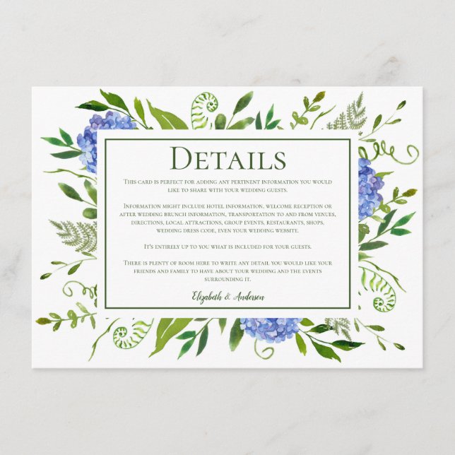 Blå Hortensior Blommig Akvarell Bröllopsdetaljer Tilläggskort (Framsida)