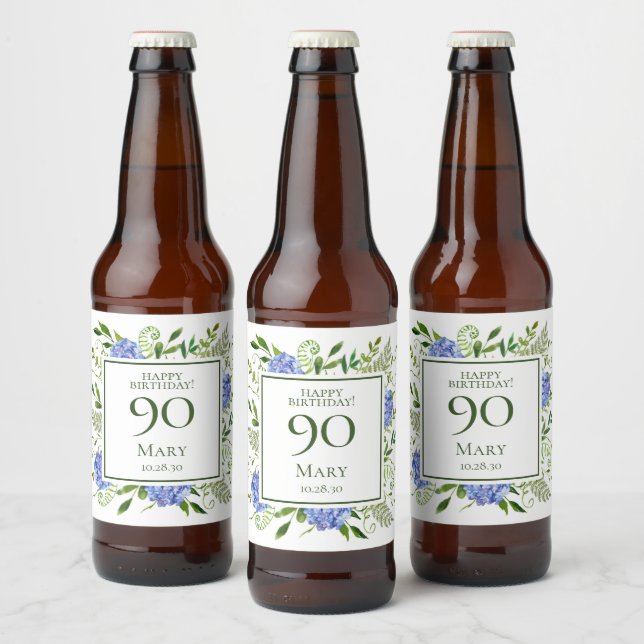 Blå Hortensior för 90-årsfirande Ölflaska Etikett (Flaskor)