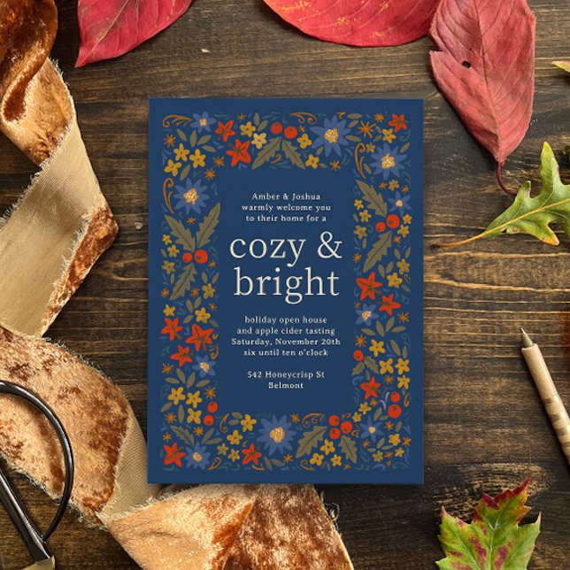 Blå höst folklig blomster ram höstfest inbjudningar (blue, moss green, golden yellow and red-orange folk floral frame autumn fall party invitation)