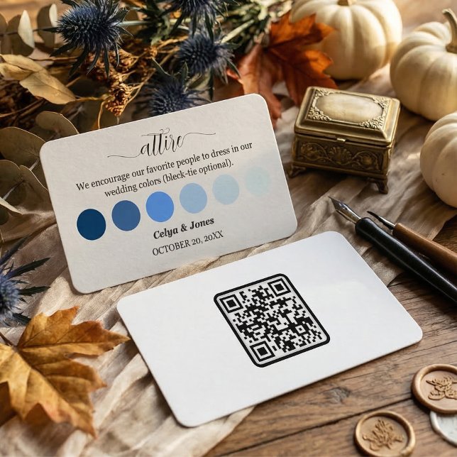 Blå höstbröllopsklädsel Dräktkod Palett QR-kod Tilläggskort (Blue Fall Wedding Attire Dress Code Palette with QR Code Enclosure Card )