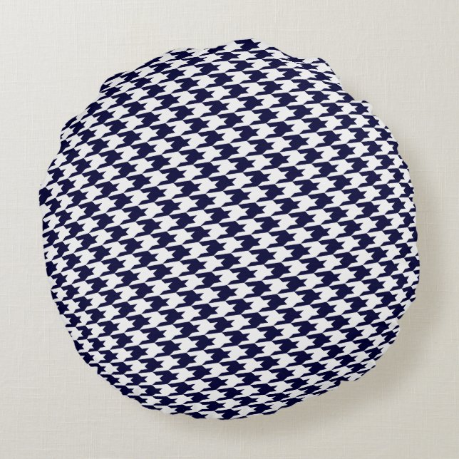 Blå Houndstooth Mönster Round Pillow Rund Kudde (Baksidan)