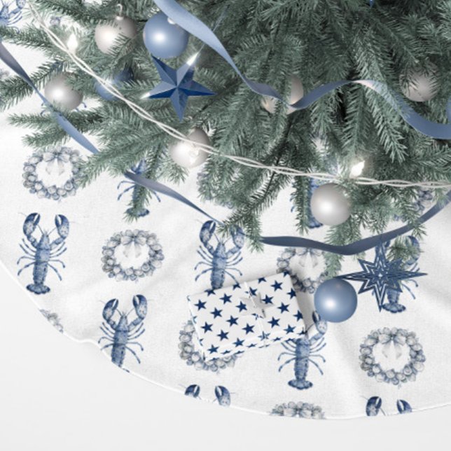 Blå hummer och ostronskalsskrän   julgransmatta borstad polyester (New England Blue Lobster Christmas Tree Skirt)