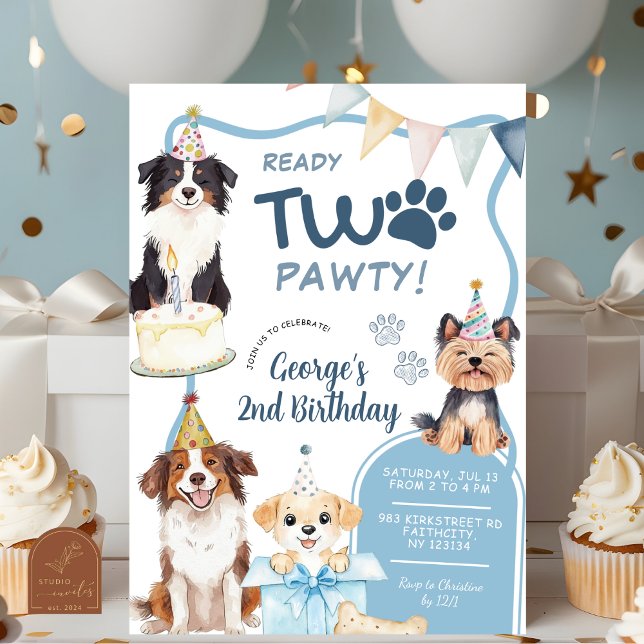 Blå Hund Redo Två Pawty Födelsedag Inbjudningar (Skapare uppladdad)