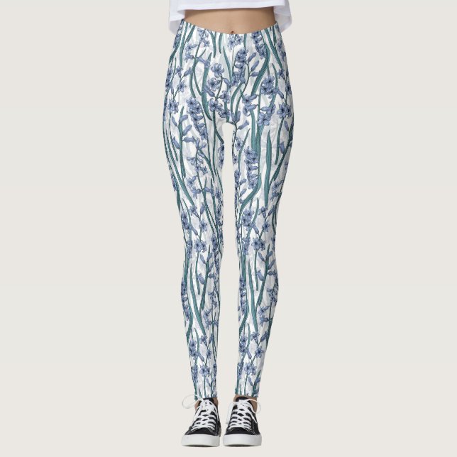 Blå Hyacint-blommor på vitt Leggings (Framsida)